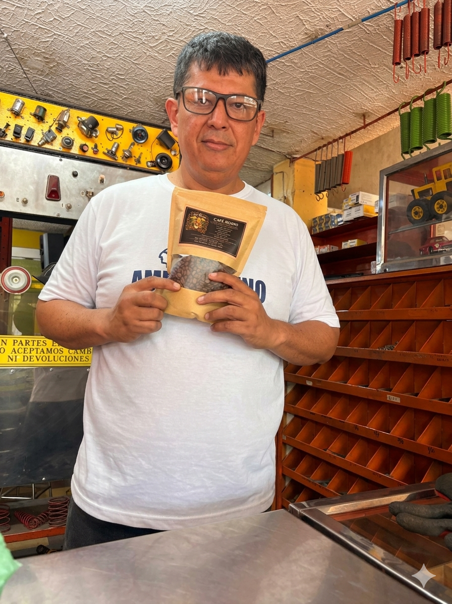 Cliente William mostrando Café Rubio